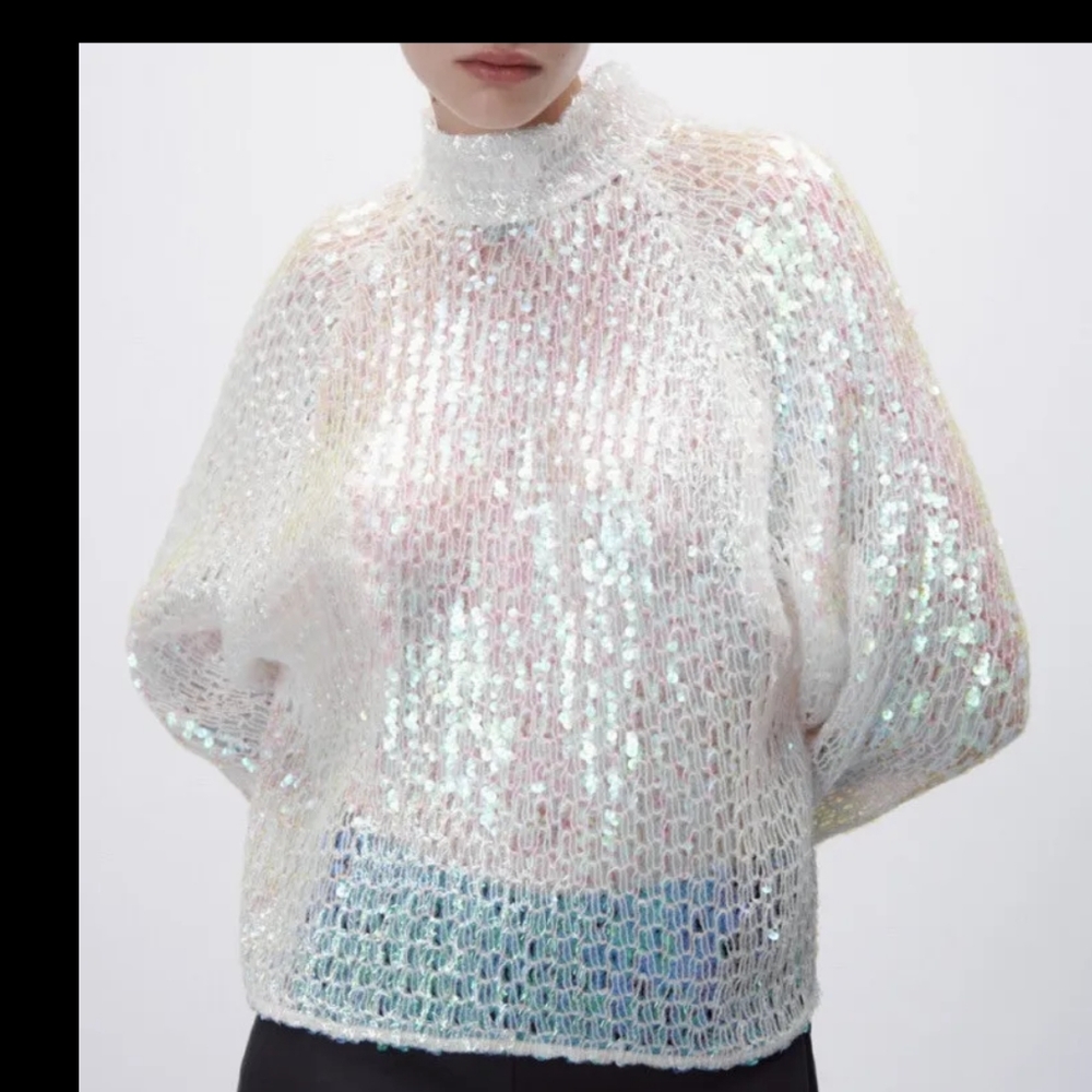 ZARA  ECRU SEQUIN SWEATER Sz-xS mt